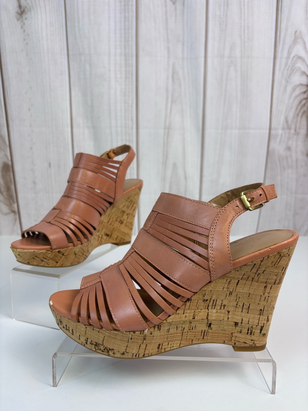 Franco Sarto Sharp Leather Cork Wedge Strappy Gladiator Cage-Style Shoes Size 8M